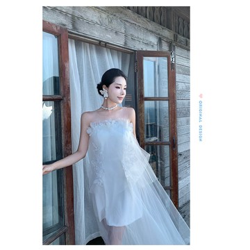 實拍 森系晨袍 網紗仙女裙 新娘超仙韓式洋裝 抹胸輕婚紗 白色洋裝 絕美訂婚洋裝 海邊洋裝 度假洋裝 生日洋裝 長裙