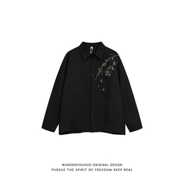 悟空有貨新中式竹子刺繡中國風長袖襯衫男女春秋寬松唐裝情侶襯衣