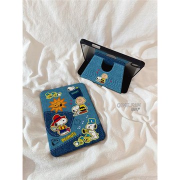 卡通牛仔布史努比適用蘋果iPadPro保護殼360旋轉支架iPadAir6帶筆槽11英寸10.2新款ipad Pro2024平板套10.9寸