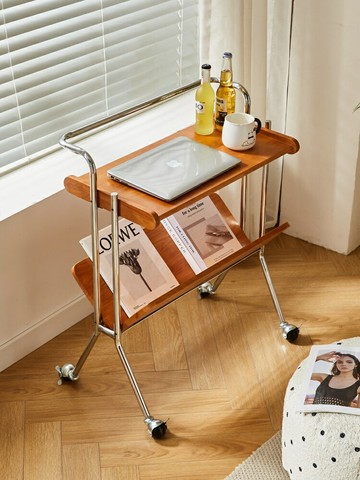 移動推車置物架   中古小推車實木邊幾置物架創意客廳沙發復古可移動茶幾臥室床頭桌