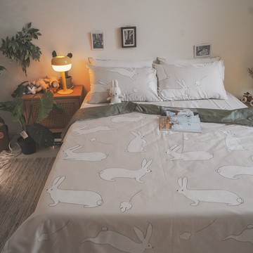 蹦蹦兔-灰 100%精梳棉(60支) 床包組  台灣製造
