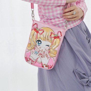 粉色緞面美少女插畫斜挎小包高