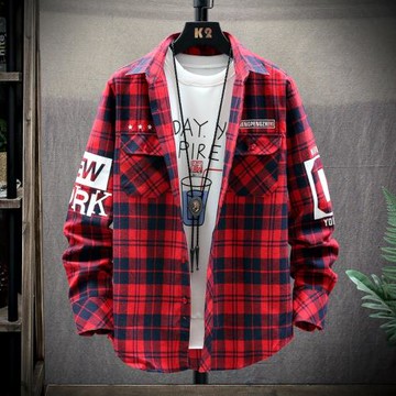 春秋季格子襯衫男潮牌長袖襯衣帥氣外套青少年初中高中學生寸衣服