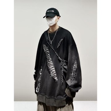 UUCSCC嘻哈潮牌復古做舊圓領套頭衛衣乞丐風寬松休閑破洞長袖外套