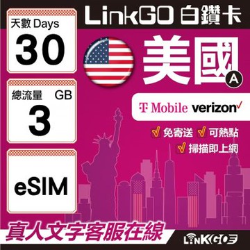 LinkGO白鑽卡 美國A eSIM卡 30天上網卡 總流量3GB  高速流量(美國網卡 舊金山 洛杉磯 紐約 西雅圖)