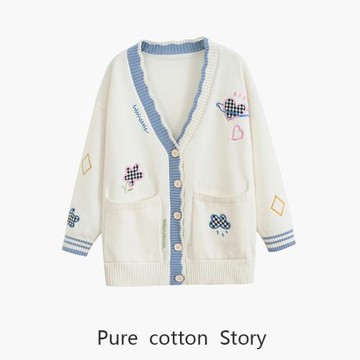 重工刺繡 100%棉中長款開衫女士長袖外穿針織衫V領毛衣外套寬松版