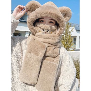 小熊帽子女冬季毛絨保暖加厚騎車防風連帽圍脖圍巾一體口罩三件套