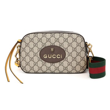 【GUCCI 古馳】476466 經典GG Supreme帆布印花虎頭造型雙色織帶相機包斜背包(棕色)