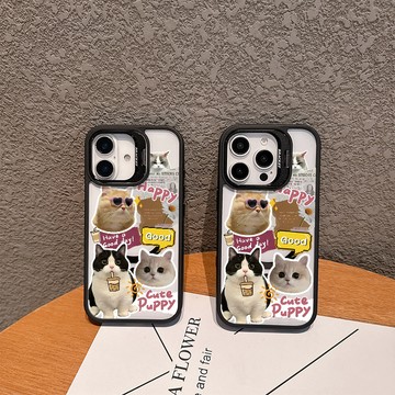 奶茶墨鏡貓咪適用蘋果17/16promax手機殼iPhone15plus鏡頭支架14磁吸殼13大孔透氣12硬殼11保護殼