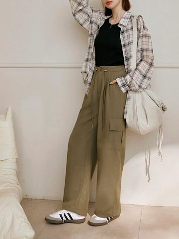 後鬆緊腰抽繩工裝口袋直筒長褲