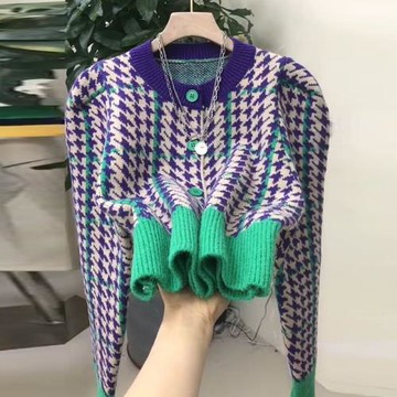 千鳥格設計感圓領毛衣女開衫2021秋冬季新款撞色小香風針織外套