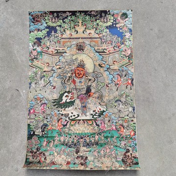 古玩收藏 唐卡藏佛壁畫 密宗財寶天王 尼泊爾 黃財神佛像供奉掛畫