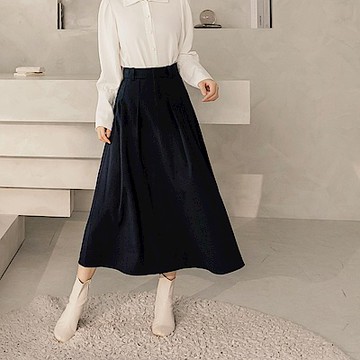 OB嚴選-舒適毛呢簡約傘襬中長裙