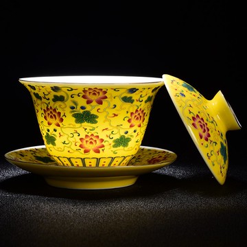 琺瑯彩陶瓷開片蓋碗手繪三才蓋碗粉彩花鳥泡茶碗青花功夫茶具茶杯