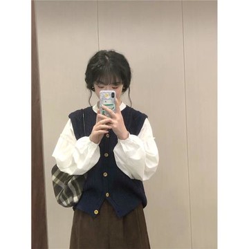 韓系溫柔風馬甲針織背心女秋冬季坎肩疊穿毛衣開衫襯衫外搭兩件套