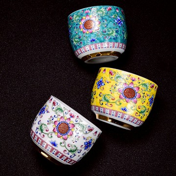 茶杯陶瓷 纏枝蓮主人杯單杯陶瓷青花粉彩琺瑯彩陶瓷茶具 功夫茶杯