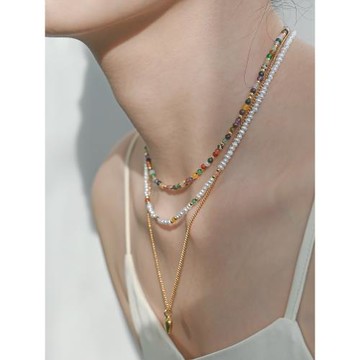 whatever小眾混彩瑪瑙水晶珍珠串珠疊帶項鏈ins風復古圓珠鏈女生