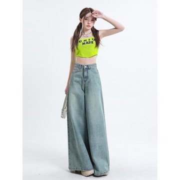 (免運)MGHG垂感牛仔褲女寬松直筒褲梨形身材胖mm闊腿褲顯瘦加長拖地褲子