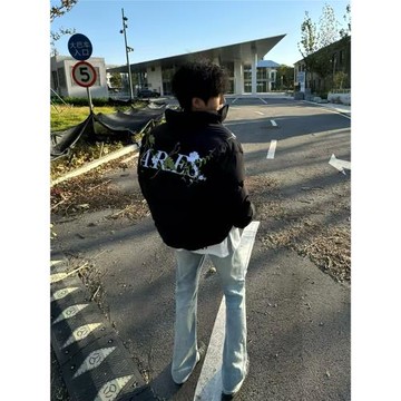 美式街頭設計感花卉刺繡加絨加厚純棉服寬松百搭男女情侶網紅外套