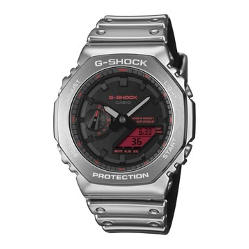 【CASIO 卡西歐】G-SHOCK 金屬外殼 精緻有型 紅色點綴 金屬光澤 矽膠錶帶_GM-2100YRA-8A_44.4mm