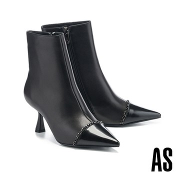 短靴 AS 摩登品味鏈條拼接羊皮尖頭高跟短靴－黑