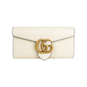 GUCCI Marmont 金色標誌粒紋皮革釦式二折長夾(象牙白)