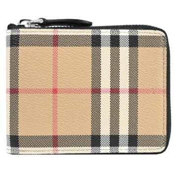 BURBERRY 巴寶莉  經典英倫格紋印花ㄇ字拉鍊3卡零錢短夾(卡其/黑)
