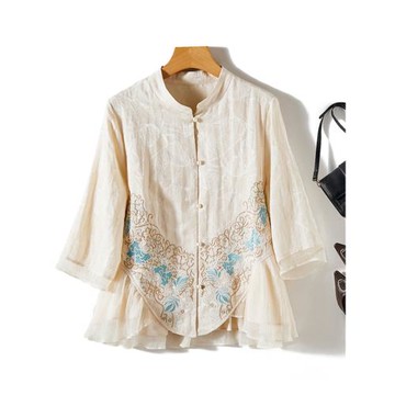 元創設計感~復古民國風鉤花小衫女改良唐裝香檳色提花國風上衣夏