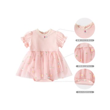 嬰兒包屁衣夏裝新款短袖網紗碎花裙女寶寶連體哈裙甜美周歲包屁裙