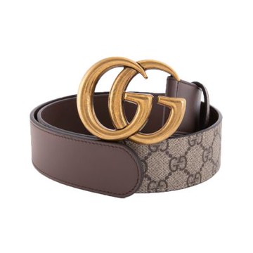 GUCCI MARMONT 大型LOGO 3.8CM皮革拼接GG帆布皮帶(棕色)