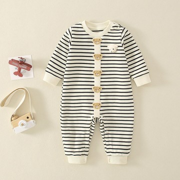 嬰兒衣服春秋裝2024新款超萌男寶寶連體衣條紋洋氣外出服哈衣春季鑫弘-素時衣櫥