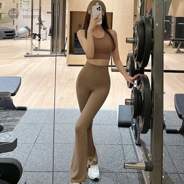 微喇瑜伽褲女高腰裸感提臀奶咖色垂感外穿跑步運動健身喇叭褲新款