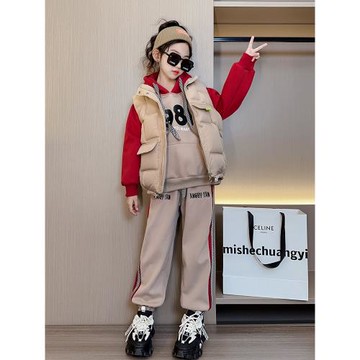 女童冬季套裝2025新款洋氣時髦秋冬中大兒童加絨加厚衛衣三件套潮