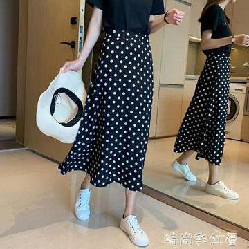 2022春季裝新款紅色波點雪紡a字半身裙女夏中長款垂感包臀小個子