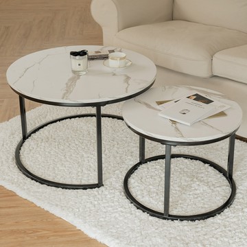 【H&R安室家】雙層大理石圓型茶几/矮桌白色