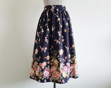 27腰復古黑色印花裙 女款邊框印花裙 純棉中長裙