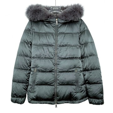 (M) prada質感羽絨連帽毛領墨綠色外套