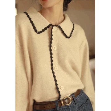 法式復古娃娃領撞色針織開衫毛衣女秋冬季翻領上衣小香風氣質外套