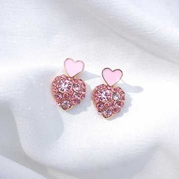 超閃滿鉆粉色桃心愛心心形耳環女新款潮耳釘網紅氣質耳墜耳飾1入