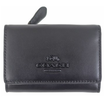 COACH 金屬標誌黑皮革三折押扣短夾