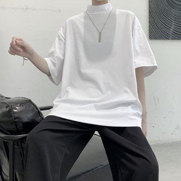 半高領短袖T恤男潮牌潮流ins情侶發型師潮牌男裝夏季寬松純色半袖