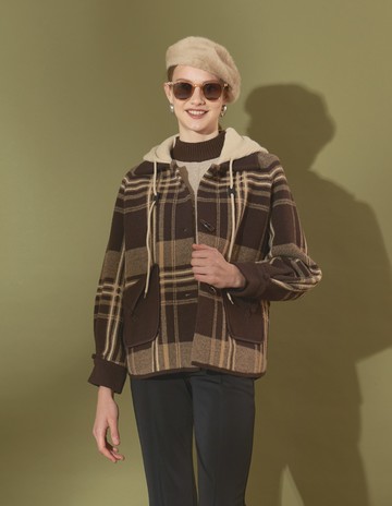 ★【喜芝梅】格紋物語 復古格紋優質毛呢保暖舒適連帽長袖外套(兩色；F) 225320092