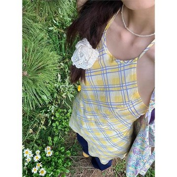 海邊度假風黃色格子掛脖吊帶連衣裙女夏季綁帶收腰性感露背短裙子