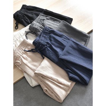 杜邦科技面料！天然苧麻！外貿夏季透氣棉麻松緊腰直筒休閑長褲男