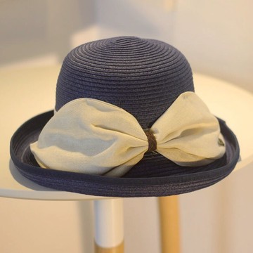 大蝴蝶結卷邊遮陽草帽女夏天韓版盆帽寬檐帽女士漁夫帽1入