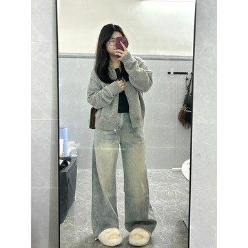 【🍇精選】100公斤可穿 大尺碼長褲 大碼黃泥色毛邊牛仔褲女 高腰 直筒牛仔褲 闊腿褲 梨形身材 寬鬆拖地褲毛邊長褲