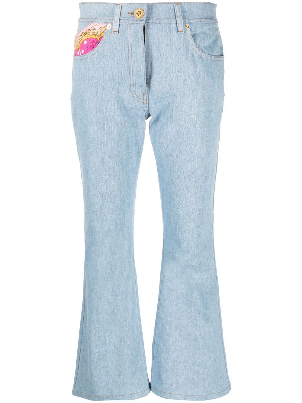Versace - Royal Rebellion flared cropped jeans - women - CottonPolyester/Calf Leather/Spandex/Elastane/Polyester/Cotton - 29 - Blue