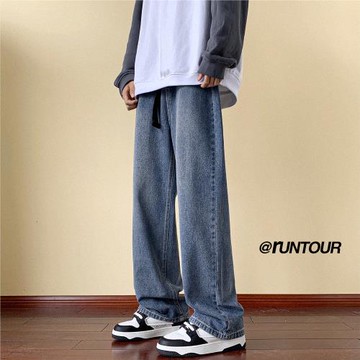 藍色牛仔褲男直筒寬松闊腿褲春秋潮牌復古做舊微喇褲美式高街褲子