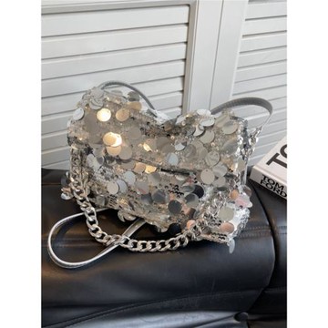 潮酷銀色亮片晚宴包包女2025新款潮時尚百搭鏈條小方包小眾腋下包
