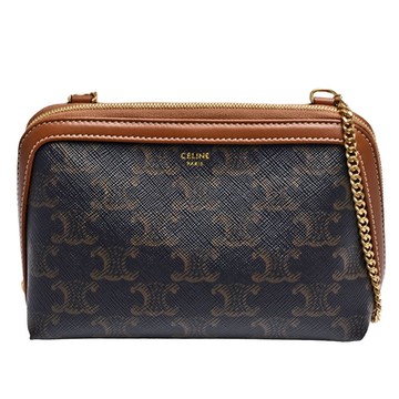 CELINE 賽琳 經典TRIOMPHE帆布羊皮飾邊拉鍊斜背包(黃褐色)